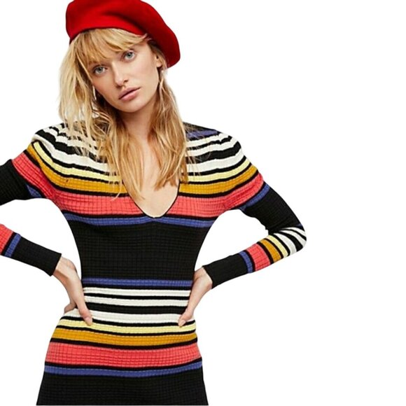 Free People Gidget Sweater Dress V Neck Long Puff Sleeve Retro Size XS - Picture 9 of 15